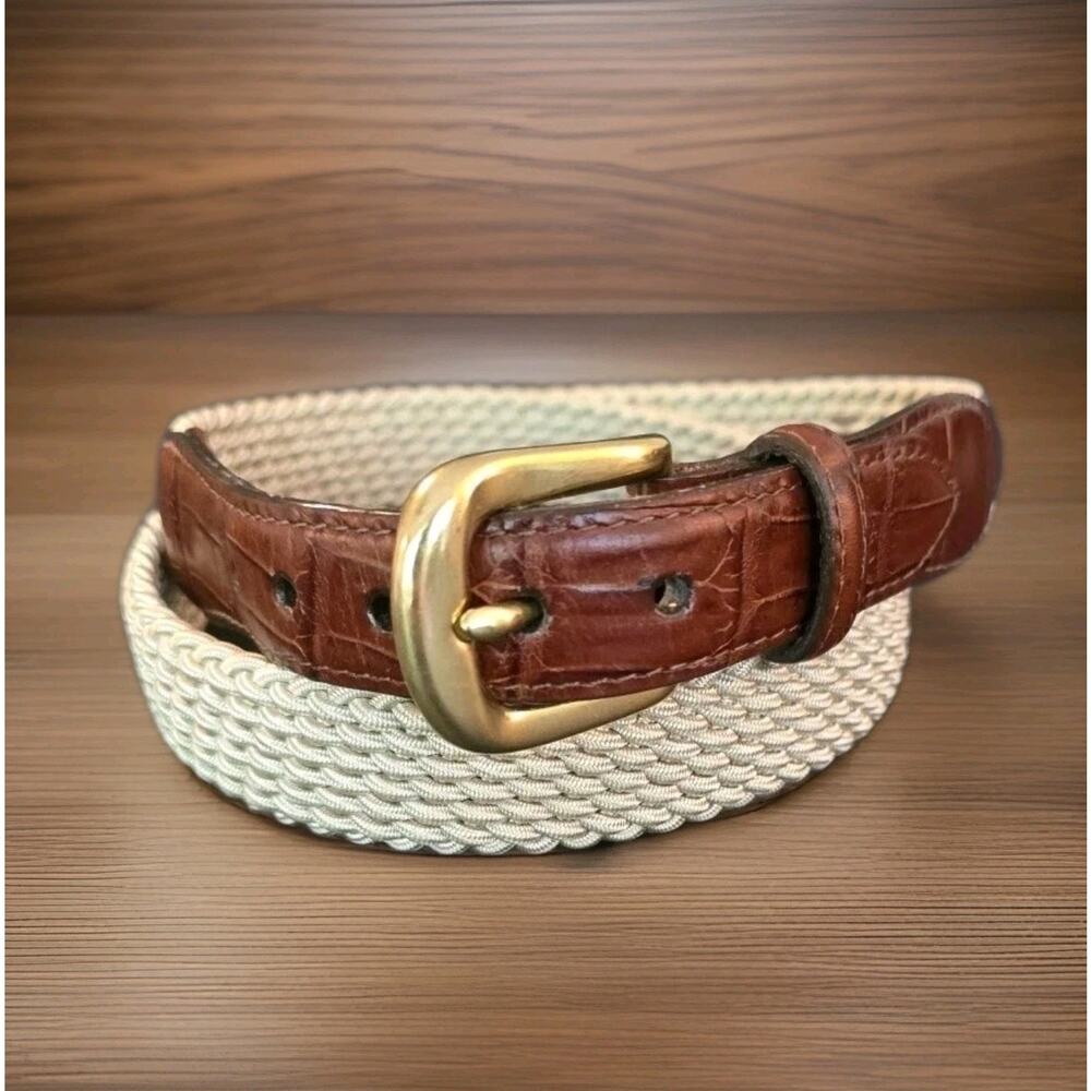 Men's Brighton Belt Size 38 Stretch Woven Cord Croc Tab Taper Belt Tan Brown EUC